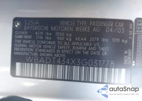 2003 BMW 525Ia from USA, damaged, VIN WBADT434X3G031778